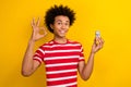 Photo of cool positive guy wear striped t-shirt showing okey showing money cash roll isolated yellow color background Royalty Free Stock Photo