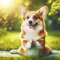 Photo of a corgi dog doing yoga green nature grass bokeh background. ai generative Royalty Free Stock Photo