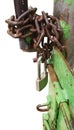 Corrosive chain and padlock at iron green gate, isolated on white Royalty Free Stock Photo