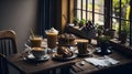 Ai generated a cozy coffee break with delicious pastries on a wooden table