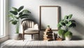 Vintage chair, home plants and stack of books on floor at white brick wall background, copy space. Cozy home concept, AI Generated Royalty Free Stock Photo