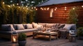 Photo of a cozy outdoor living space with a comfortable couch and a stylish table on a wooden deck Royalty Free Stock Photo