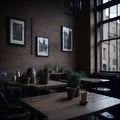 Ai generated a cozy restaurant with a rustic interior design featuring wooden furniture and brick walls Royalty Free Stock Photo