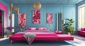 Ai generated a cozy and spacious pink and blue bedroom with a comfortable bed Royalty Free Stock Photo