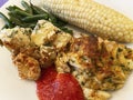 Crab Cake With Cocktail Sauce, Potato Salad, Green Beans and Corn Royalty Free Stock Photo