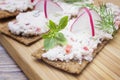 A photo of crackers, crisp rye bread toast with cottage cheese decorated with radish, cucumber, dill and basil leaves the wooden b Royalty Free Stock Photo