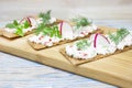 A photo of crackers, crisp rye bread toast with cottage cheese decorated with radish, cucumber, dill and basil leaves the wooden b