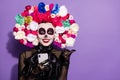 Photo crazy funky dead bride demon witch lady face paint print telephone blogging direct finger empty space mexican Royalty Free Stock Photo