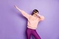 Photo of crazy funky lady dancing strange modern youth moves disco party students hide eyes palm raise hands wear casual