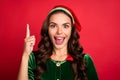 Photo of crazy genius lady have excellent x-mas party idea wear elf costume hat isolated red color background