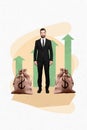 Photo creative artwork collage of young confident entrepreneur wear tuxedo business progress bags money income profits