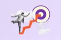 Photo creative business conceptual collage placard ambitious cool elderly businessman climb up darts target isolated on