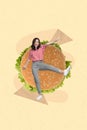 Photo creative collage template picture poster of positive girl enjoy tasty meal lunchtime dinner break isolated on
