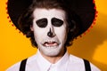 Photo of creepy sad mime guy eyes closed crying desperate hopeless realise died loser wear white shirt death costume