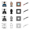 Photo of the criminal, a bandit in a mask, jailbreak, bloody knife. A crime set collection icons in cartoon black