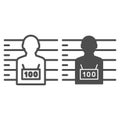 Photo of the criminal line and glyph icon. Criminal with badge vector illustration isolated on white. Prisoner outline