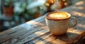 a photo of a cup of coffee latte latte art and pattern on top of an outdoor wooden table, in the style of motion blur Royalty Free Stock Photo