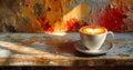 a photo of a cup of coffee latte latte art and pattern on top of an outdoor wooden table, in the style of motion blur Royalty Free Stock Photo