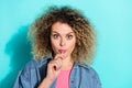 Photo of curious funky crazy lady lollipop mouth enjoy suck wear jeans jacket isolated turquoise color background