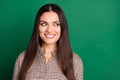 Photo of curious mature woman look side empty space white smile wear plaid shirt isolated green color background