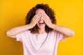 Photo of curly brown hair positive happy smile girl hands cover close eyes over yellow color background