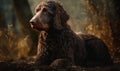 photo of curly-coated retriever sitting on a forest path. Generative AI Royalty Free Stock Photo