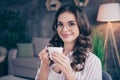 Photo of cute adorable young woman dressed striped shirt glasses having coffebreak inside indoors home room Royalty Free Stock Photo