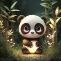Photo of cute baby panda bear with big eyes 3d rendering cartoon illustration