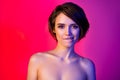 Photo of cute bob hairdo young lady bite lip isolated on vibrant neon red color background