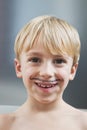 Portrait of cute Caucasian boy with painted moustache Royalty Free Stock Photo
