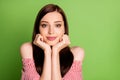 Photo of cute charming teenager girl look camera hands hold chin smiling dreaming of house near sea wear striped white Royalty Free Stock Photo