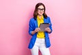 Photo of cute experienced professional business lady secretary employer hold tablet wear glasses formal outfit isolated