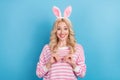Photo of cute funky lady dressed pink pullover rabbit headband showing arms bunny blue color background