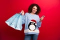 Photo of cute funny lady wear ugly new year pullover holding bargains online shopping modern gadget isolated red color