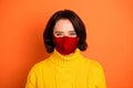 Photo of cute nice good friendly charming girl stay home covid-19 quarantine stop epidemic wear medical red mask