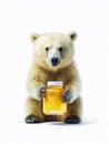 Photo of a cute polar bear holding a glass jar of honey