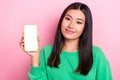 Photo of cute pretty charming japanese influencer blogger lady hold menu smartphone new shopping app empty space