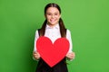 Photo of cute pretty little schoolkid lady in front of blackboard hold paper red heart figure toothy beaming smile