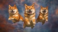 photo of 3 cute Shiba Inu dogs jumping to catch treats in the air on vibrant background. Generative AI