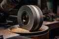 Photo of cylindrical metal component being ground with abrasive wheel in factory