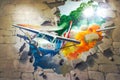 Photo of 3D Wall Painting of Falling Airplane drove out of stone brick wall Royalty Free Stock Photo