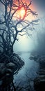 Macabre Fantasy: Twisted Branches And Haunting Shadows In A Forest Of Flowing Water