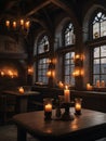 Photo Of Dark Moody Medieval Fantasy Tavern Inn Bar With Candles Burning And Daylight Coming Through Windows, 3D Re. Generative AI Royalty Free Stock Photo