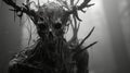 Creepy Forest Man With Big Antlers: A Monochromatic Chaos In 8k Resolution