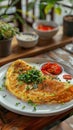 Photo of a delectable Thai omelette with crispy edges and fluffy texture served on a white platter Royalty Free Stock Photo
