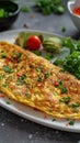 Photo of a delectable Thai omelette with crispy edges and fluffy texture served on a white platter Royalty Free Stock Photo