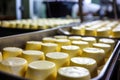 Photo of a delicious assortment of cheeses on a rustic metal tray. Industrial cheese production plant. Modern technologies. Royalty Free Stock Photo