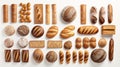 Photo of a delicious assortment of fresh breads and pastries on a crisp white background