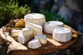 Photo of a delicious cheese platter with a variety of cheeses on a rustic wooden plate Royalty Free Stock Photo