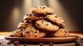 Photo of a delicious stack of chocolate chip cookies on a rustic wooden plate created with Generative AI technology Royalty Free Stock Photo